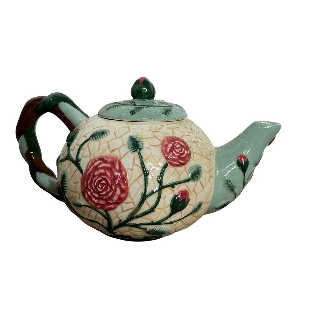 Flowers Inc Balloons Hand‎ Painted Ceramic Teapot Roses Green Aqua Brown Handle
